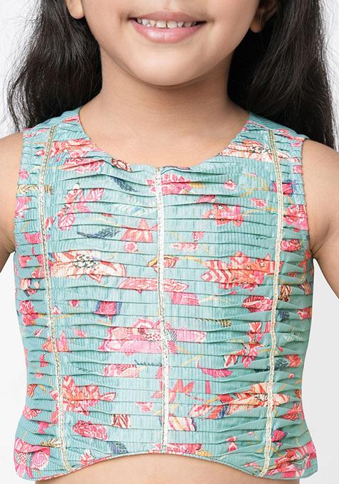 Blue Digital Print Sharara With Crop Top (Set of 2)