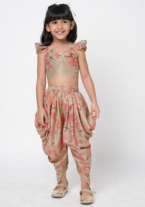 Beige Digital Print Crop Top With Dhoti Pants (Set of 2)