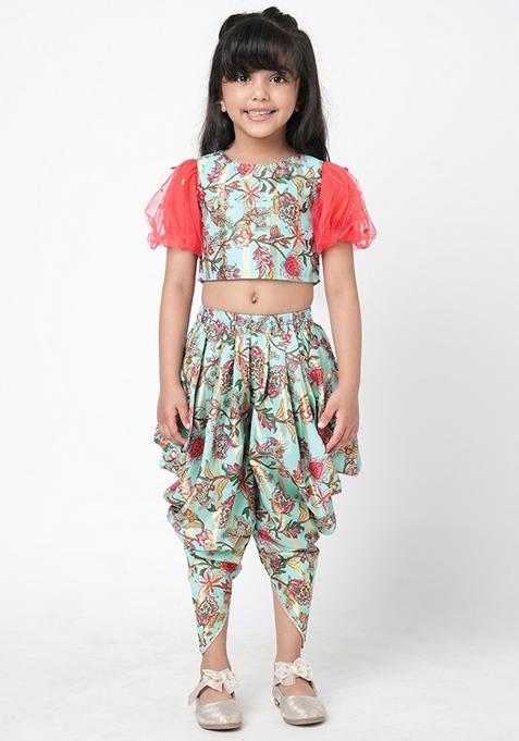 Blue Digital Print Crop Top With Dhoti Pants (Set of 2)