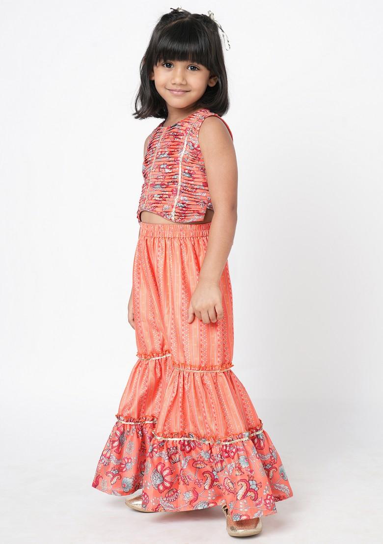 Orange Digital Print Sharara With Crop Top (Set of 2)