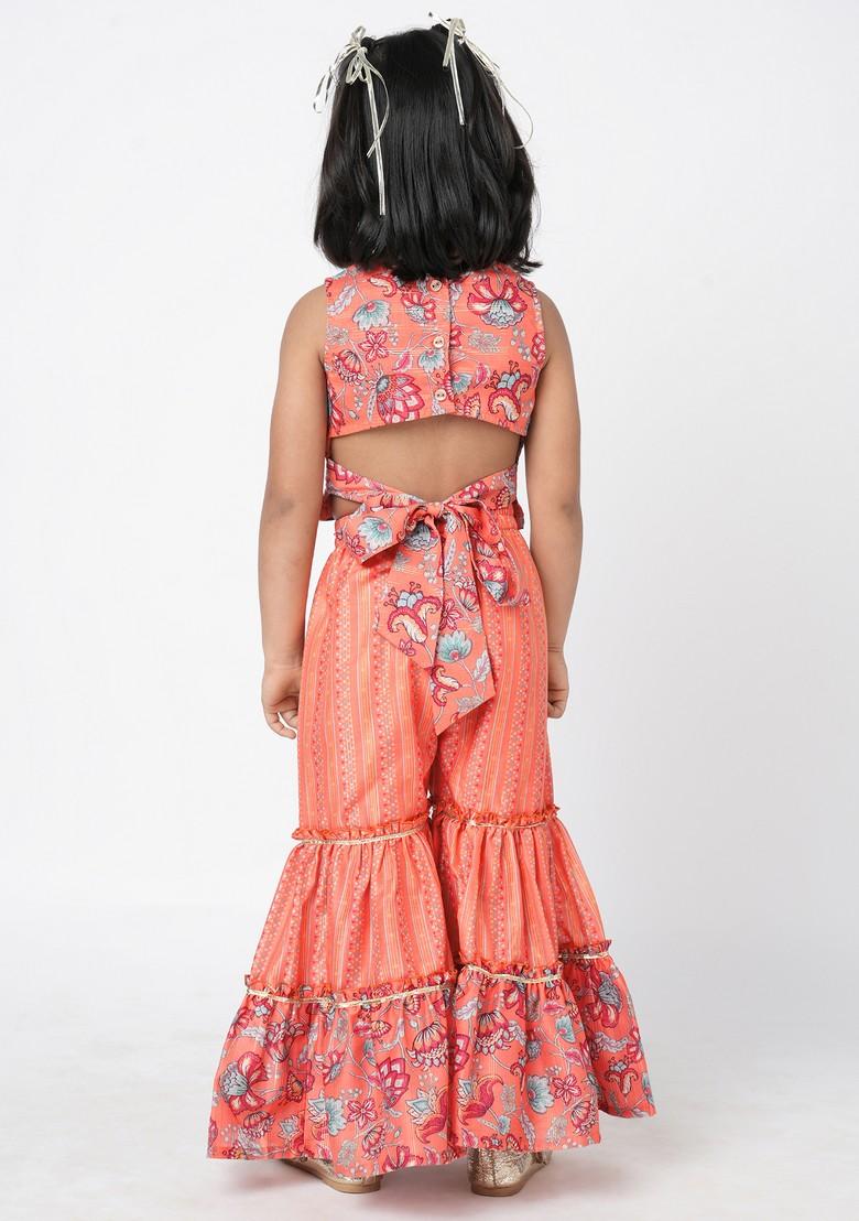 Orange Digital Print Sharara With Crop Top (Set of 2)