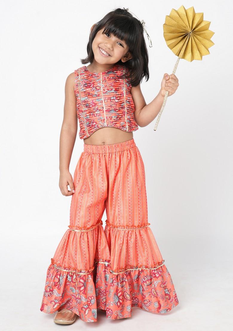 Orange Digital Print Sharara With Crop Top (Set of 2) - Indya