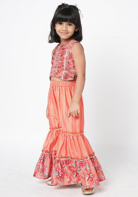 Orange Digital Print Sharara With Crop Top (Set of 2)