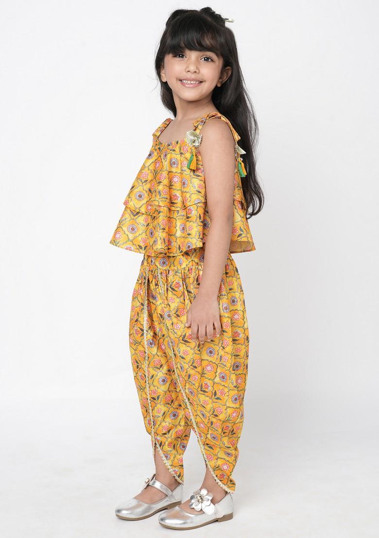 Yellow Digital Print Crop Top With Dhoti Pants (Set of 2)