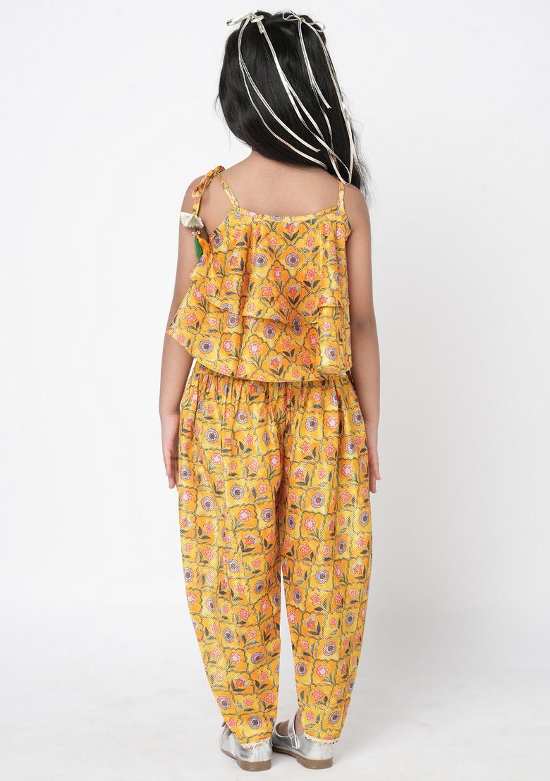 Yellow Digital Print Crop Top With Dhoti Pants (Set of 2)