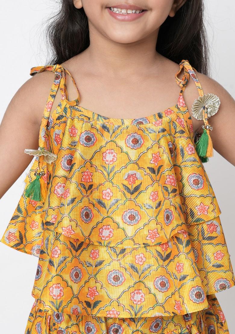 Yellow Digital Print Crop Top With Dhoti Pants (Set of 2)