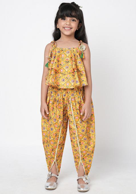 Yellow Digital Print Crop Top With Dhoti Pants (Set of 2)