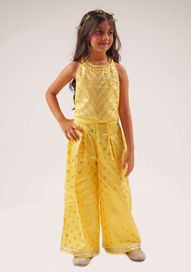 Yellow Foil Print Crop Top With Pants (Set of 2) - Indya