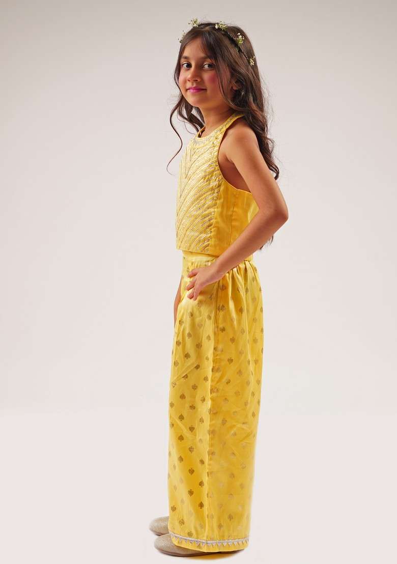 Yellow Foil Print Crop Top With Pants (Set of 2) - Indya