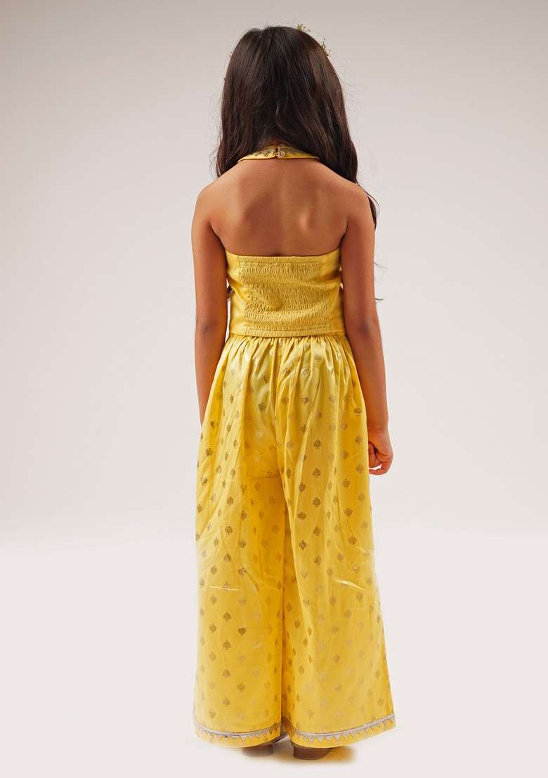 Yellow Foil Print Crop Top With Pants (Set of 2) - Indya