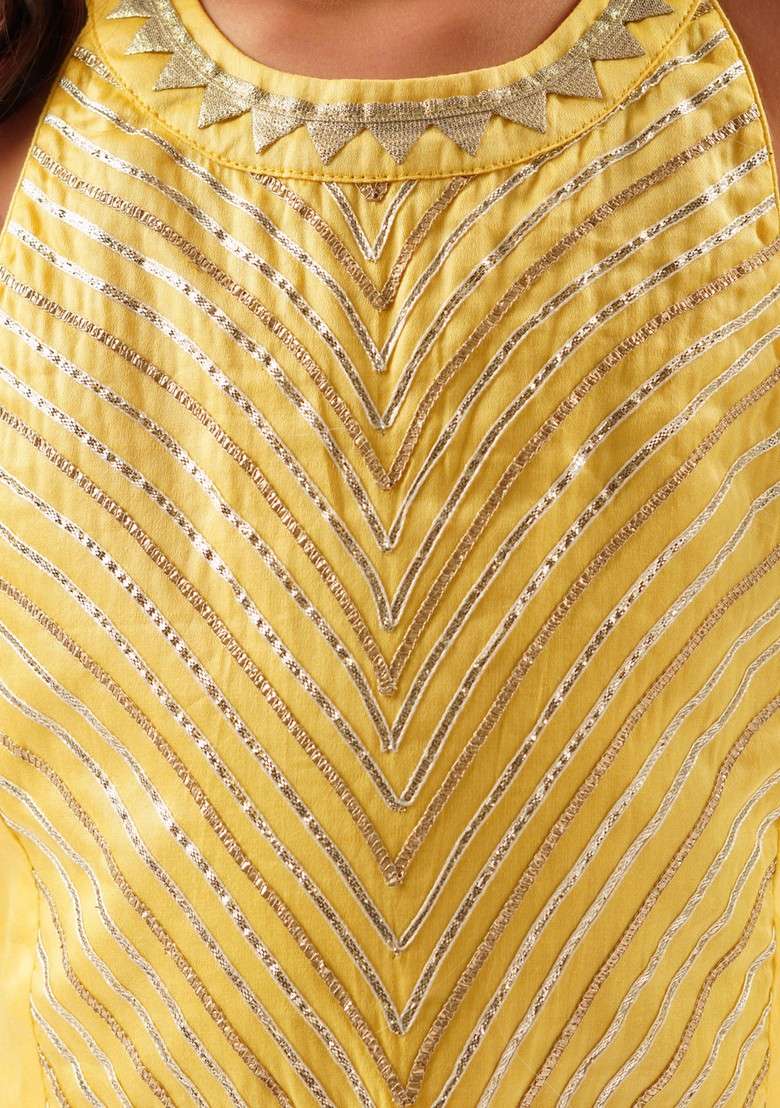 Yellow Foil Print Crop Top With Pants (Set of 2) - Indya
