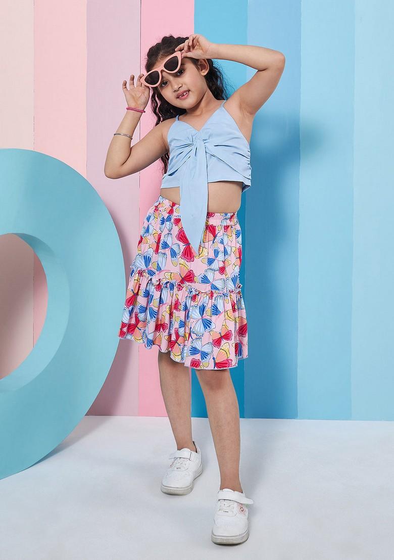 Blue Printed Cotton Skirt With Top (Set of 2) - Indya