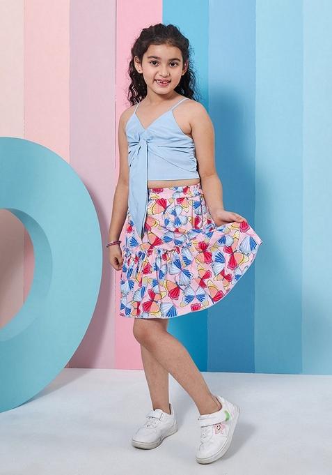 Blue Printed Cotton Skirt With Top (Set of 2)