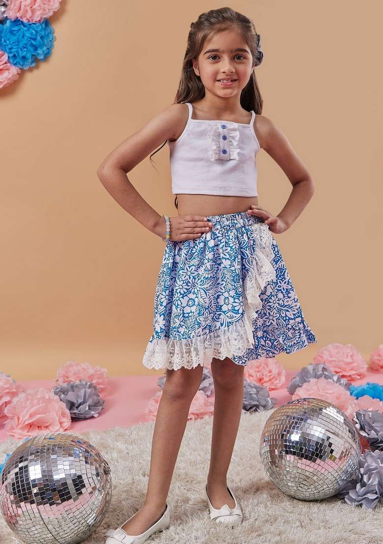 Blue Printed Poly Crepe Skirt With Rib Top (Set of 2) - Indya