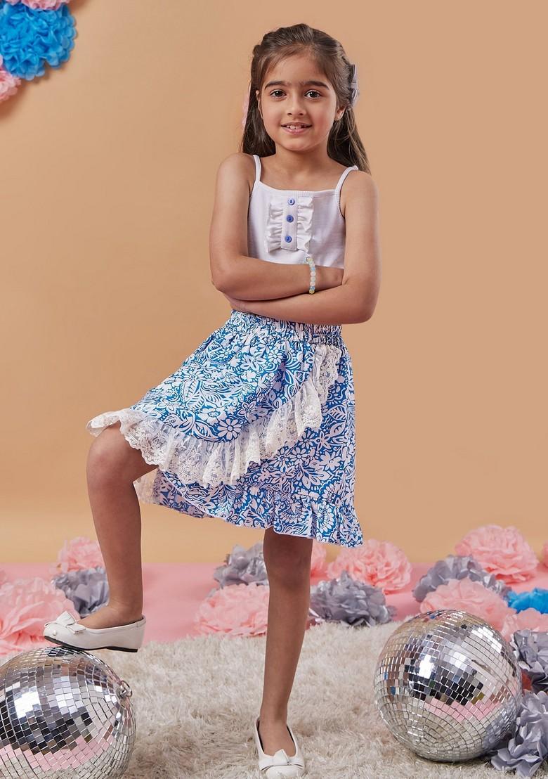 Blue Printed Poly Crepe Skirt With Rib Top (Set of 2) - Indya