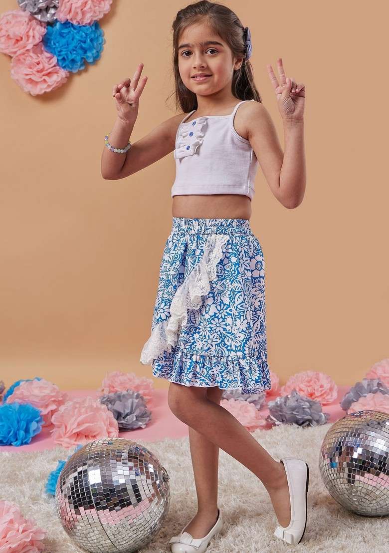 Blue Printed Poly Crepe Skirt With Rib Top (Set of 2) - Indya