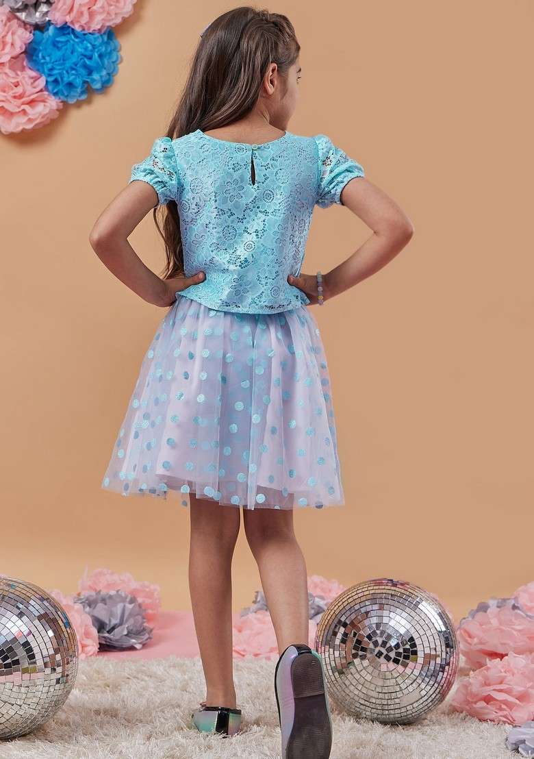 Blue Lace Top With Skirt (Set of 2) - Indya