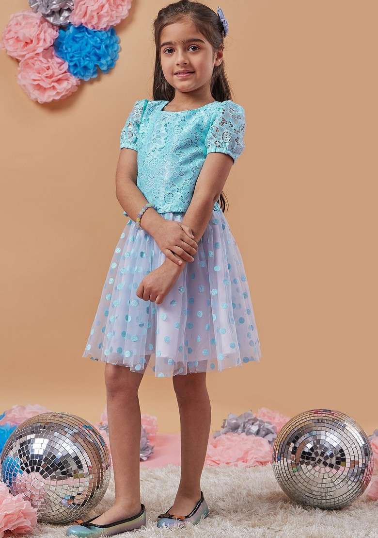 Blue Lace Top With Skirt (Set of 2) - Indya
