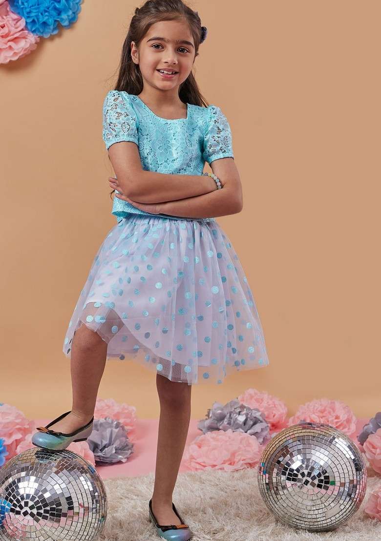 Blue Lace Top With Skirt (Set of 2) - Indya