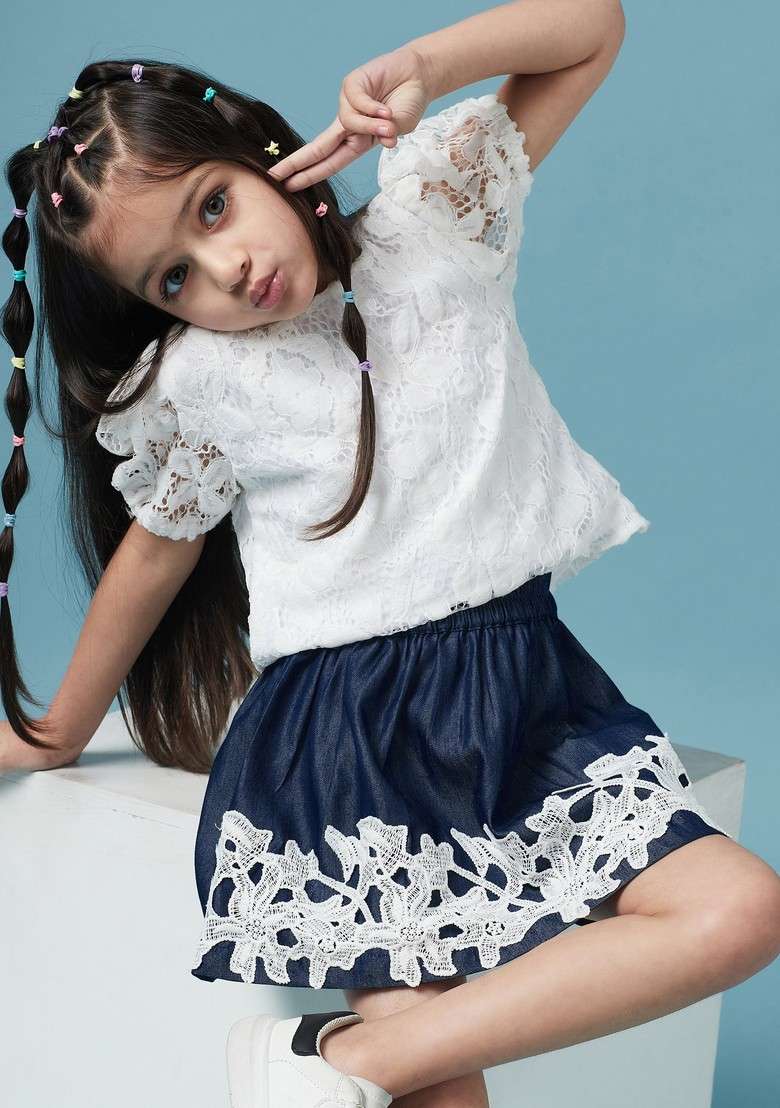 Blue Lace Polyester Top With Skirt (Set of 2) - Indya