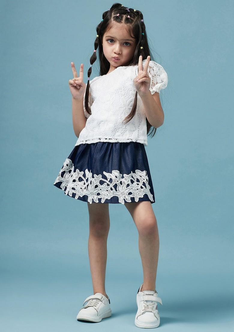 Blue Lace Polyester Top With Skirt (Set of 2) - Indya