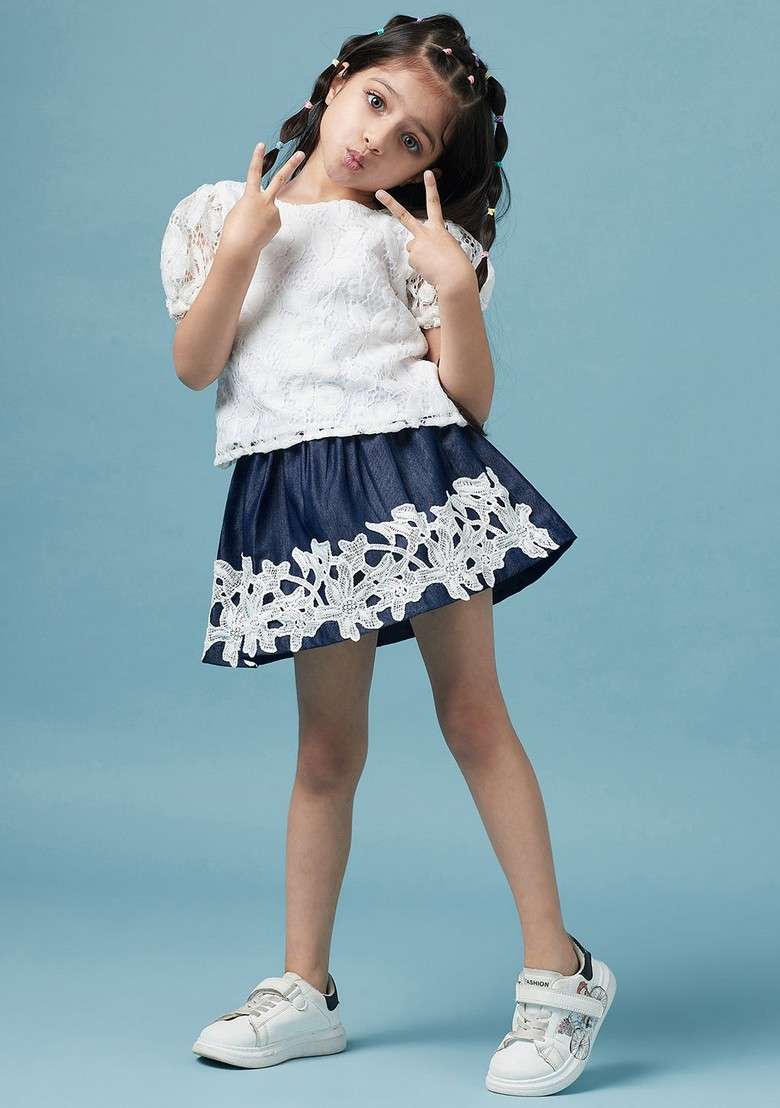 Blue Lace Polyester Top With Skirt (Set of 2) - Indya