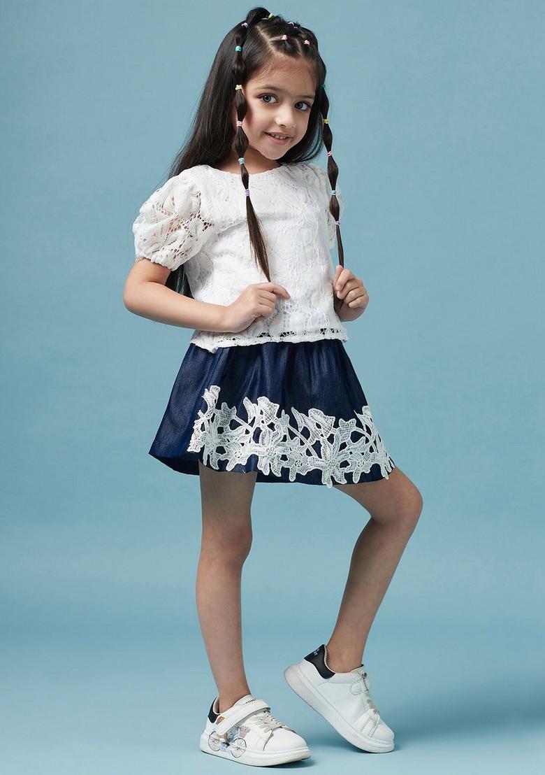 Blue Lace Polyester Top With Skirt (Set of 2) - Indya