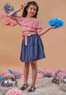 Blue Denim Skirt With Lace Top (Set of 2)