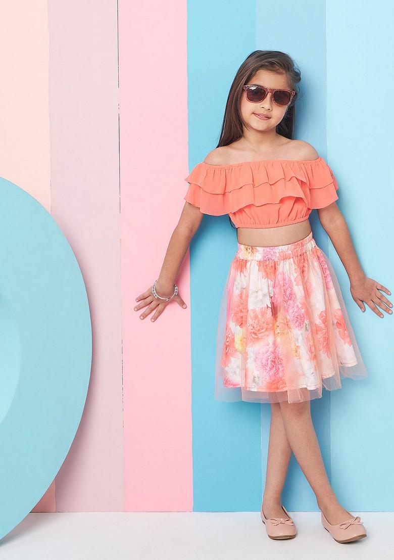 Orange Printed Cotton Blend Top With Skirt (Set of 2) - Indya