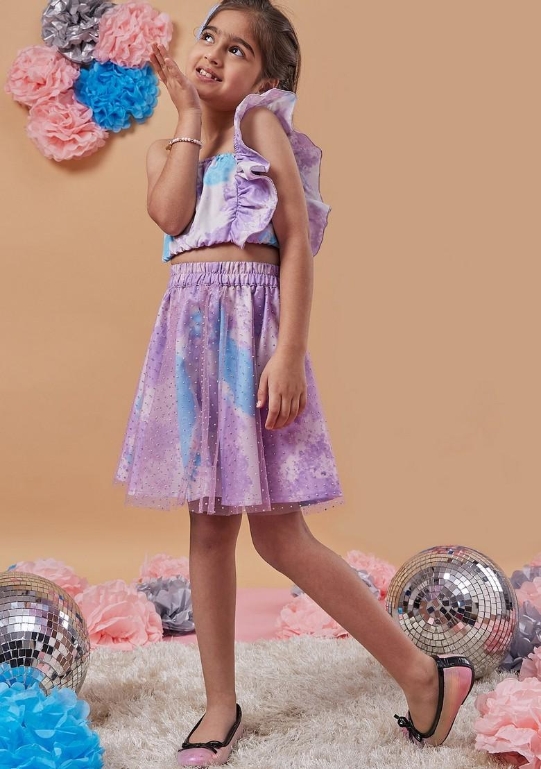 Multicolour Printed Poly Rayon Top With Skirt (Set of 2)