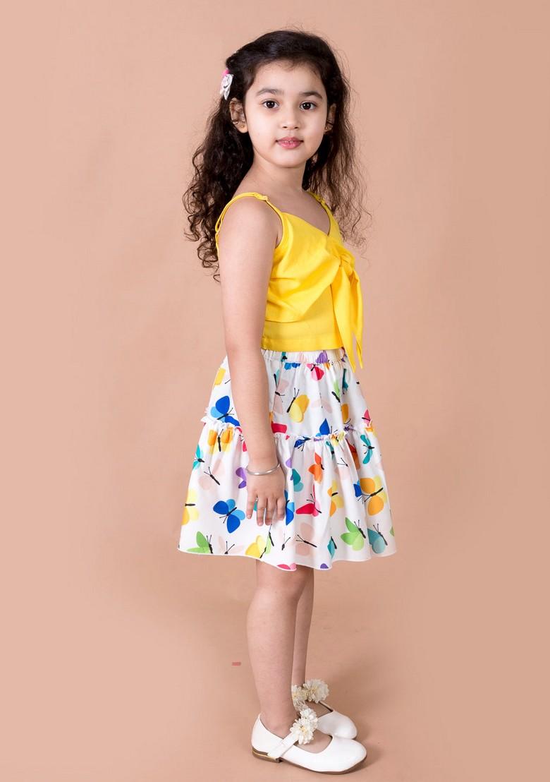 Yellow Printed Viscose Rayon Top With Skirt (Set of 2)
