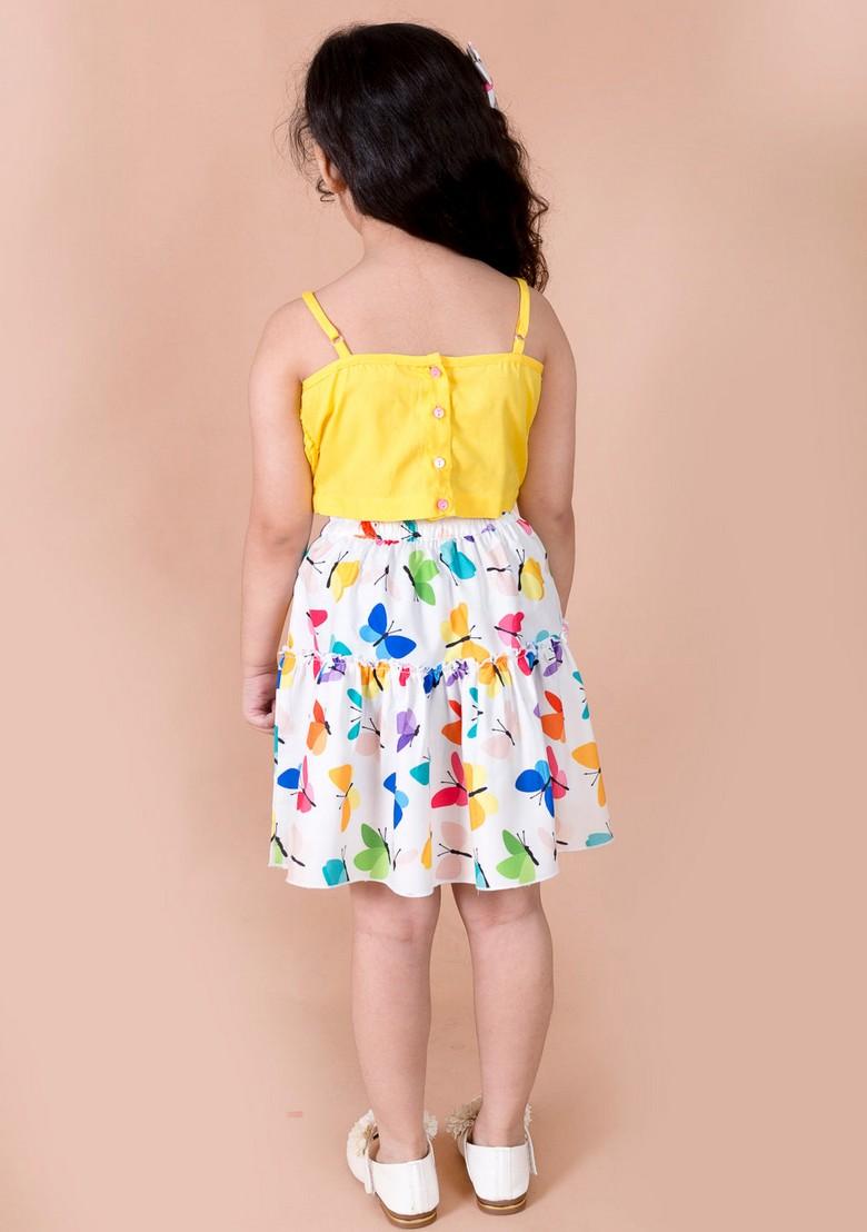 Yellow Printed Viscose Rayon Top With Skirt (Set of 2)
