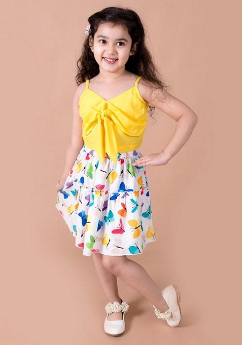 Yellow Printed Viscose Rayon Top With Skirt (Set of 2)