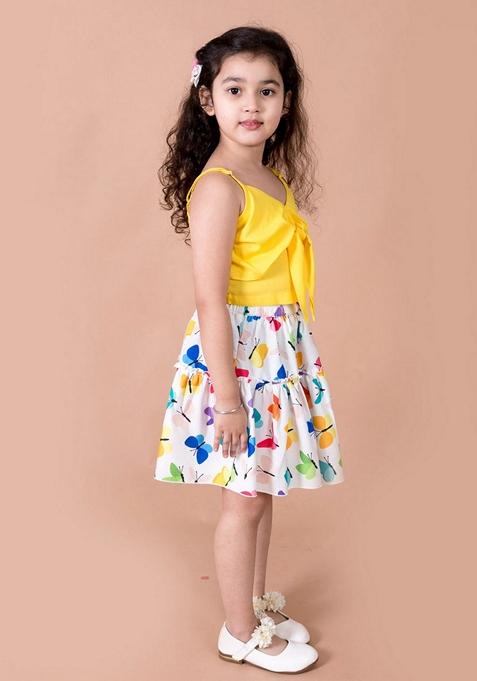 Yellow Printed Viscose Rayon Top With Skirt (Set of 2)