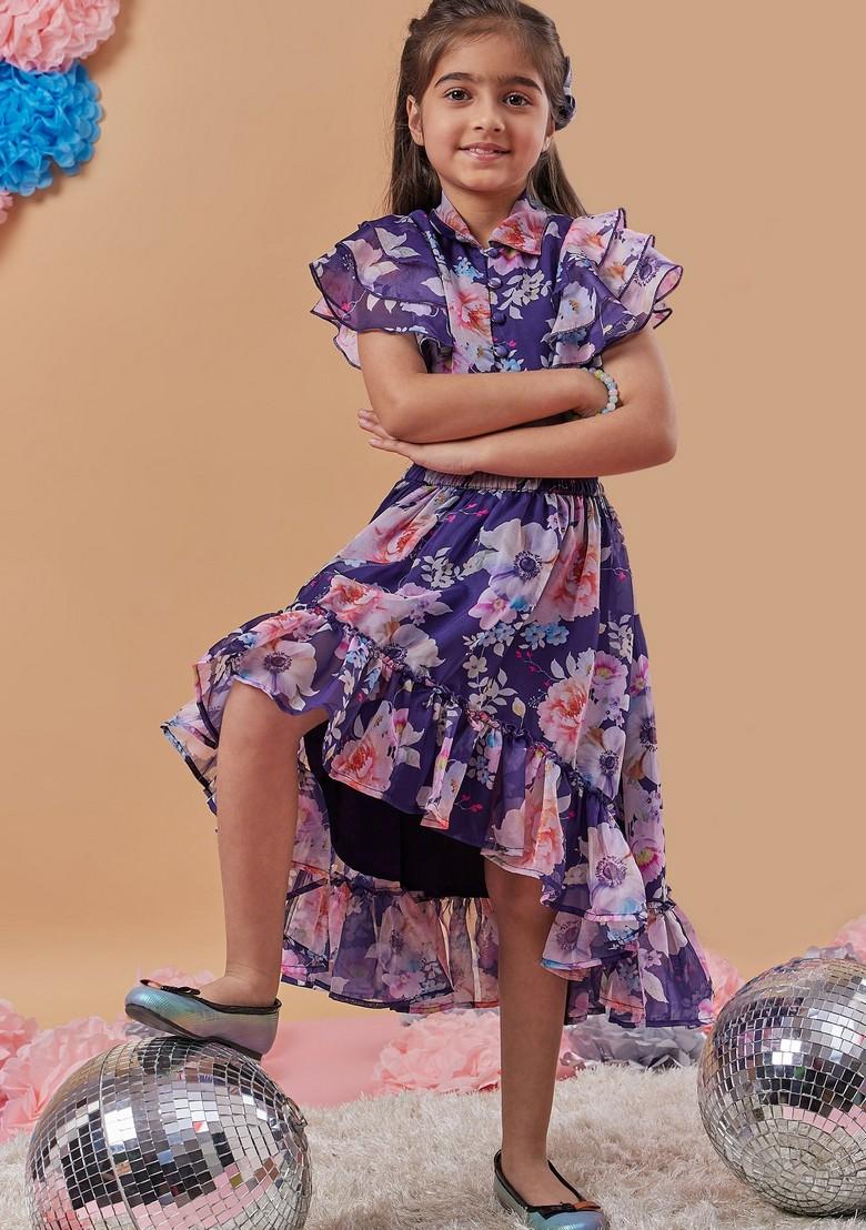 Navy Printed Organza Top With Skirt (Set of 2) - Indya