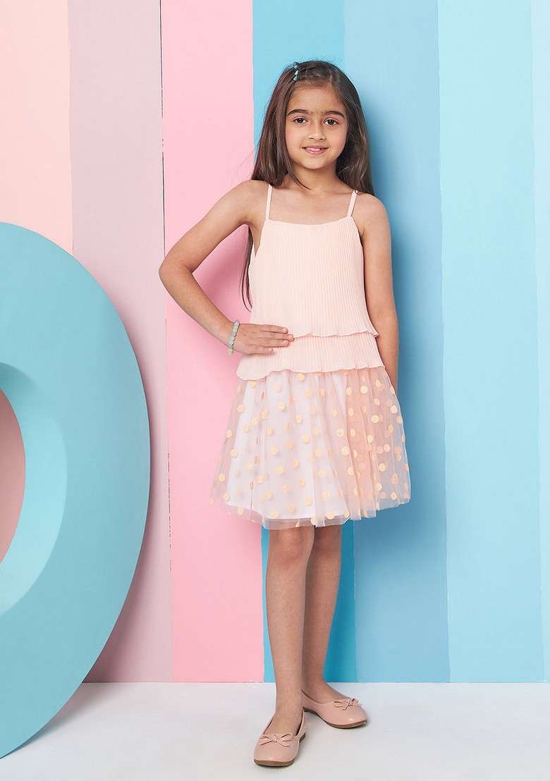 Peach Printed Net Skirt With Georgette Top (Set of 2) - Indya