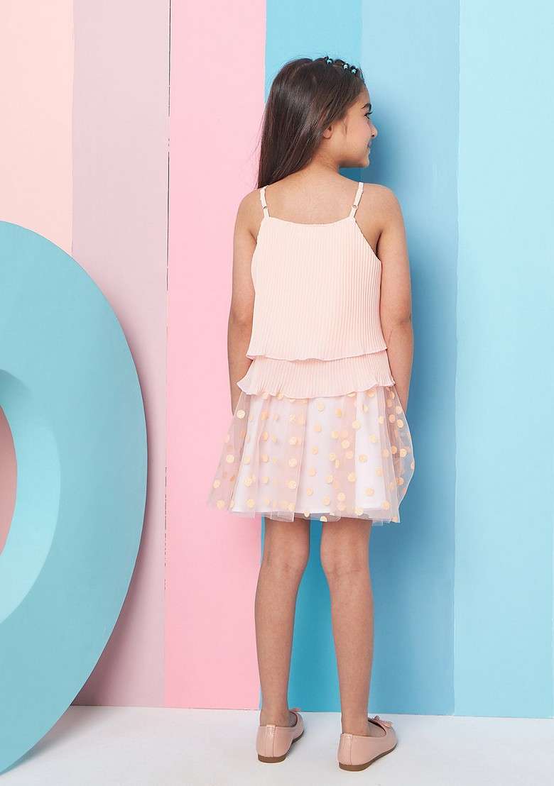 Peach Printed Net Skirt With Georgette Top (Set of 2) - Indya