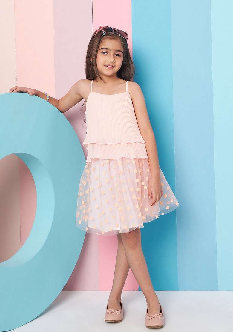 Peach Printed Net Skirt With Georgette Top (Set of 2) - Indya