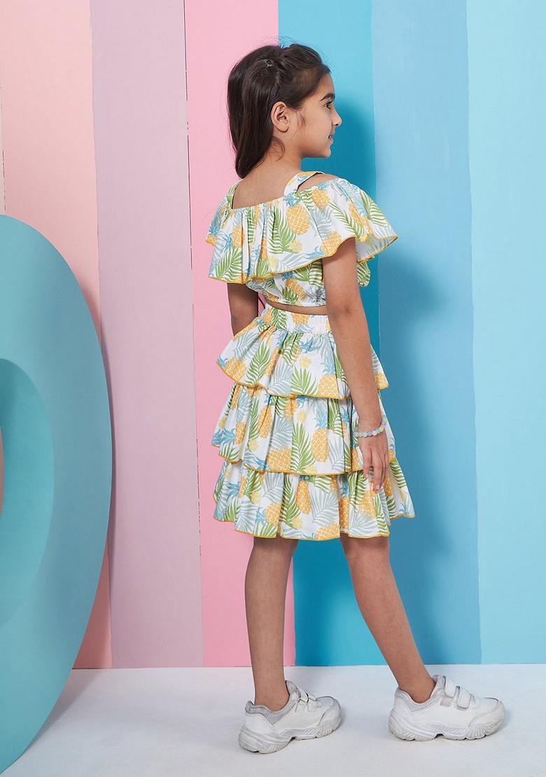 Yellow Printed Poly Rayon Top With Skirt (Set of 2)