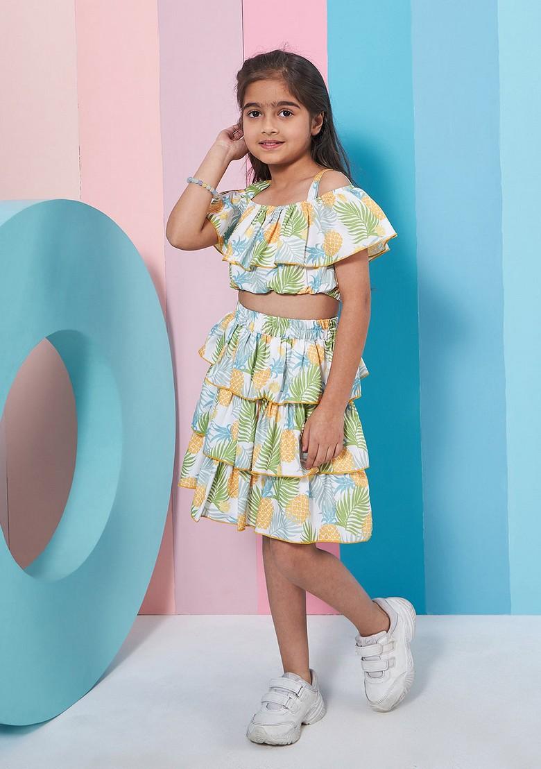 Yellow Printed Poly Rayon Top With Skirt (Set of 2)