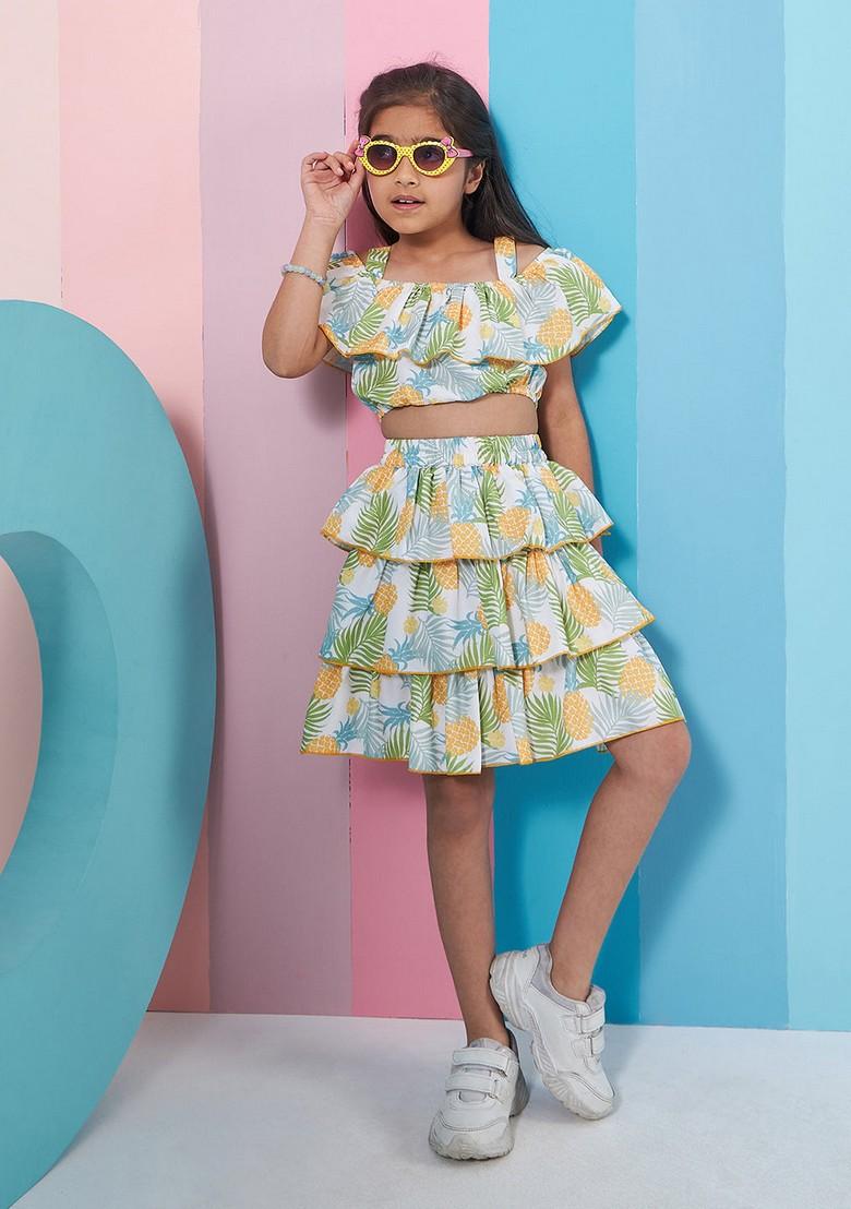 Yellow Printed Poly Rayon Top With Skirt (Set of 2)