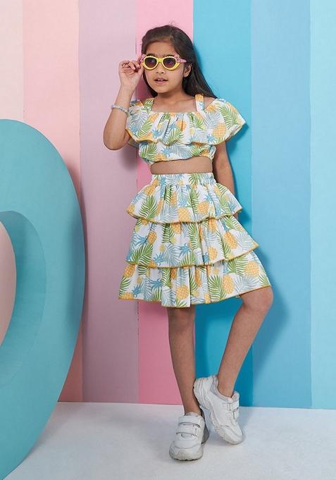 Yellow Printed Poly Rayon Top With Skirt (Set of 2)