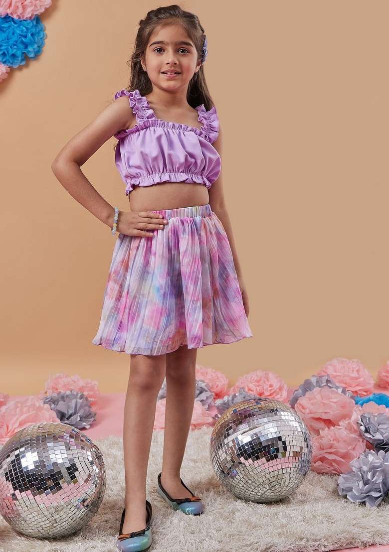 Purple Printed Georgette Skirt With Top (Set of 2) - Indya