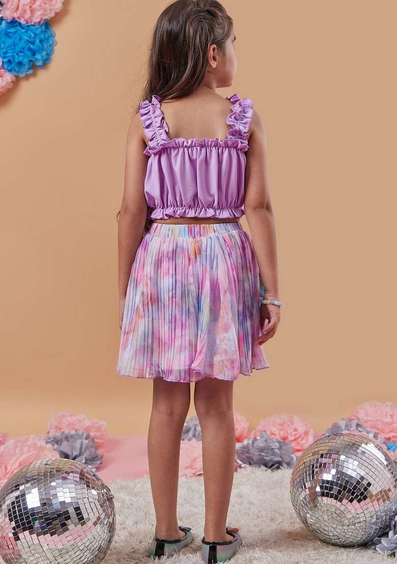 Purple Printed Georgette Skirt With Top (Set of 2) - Indya