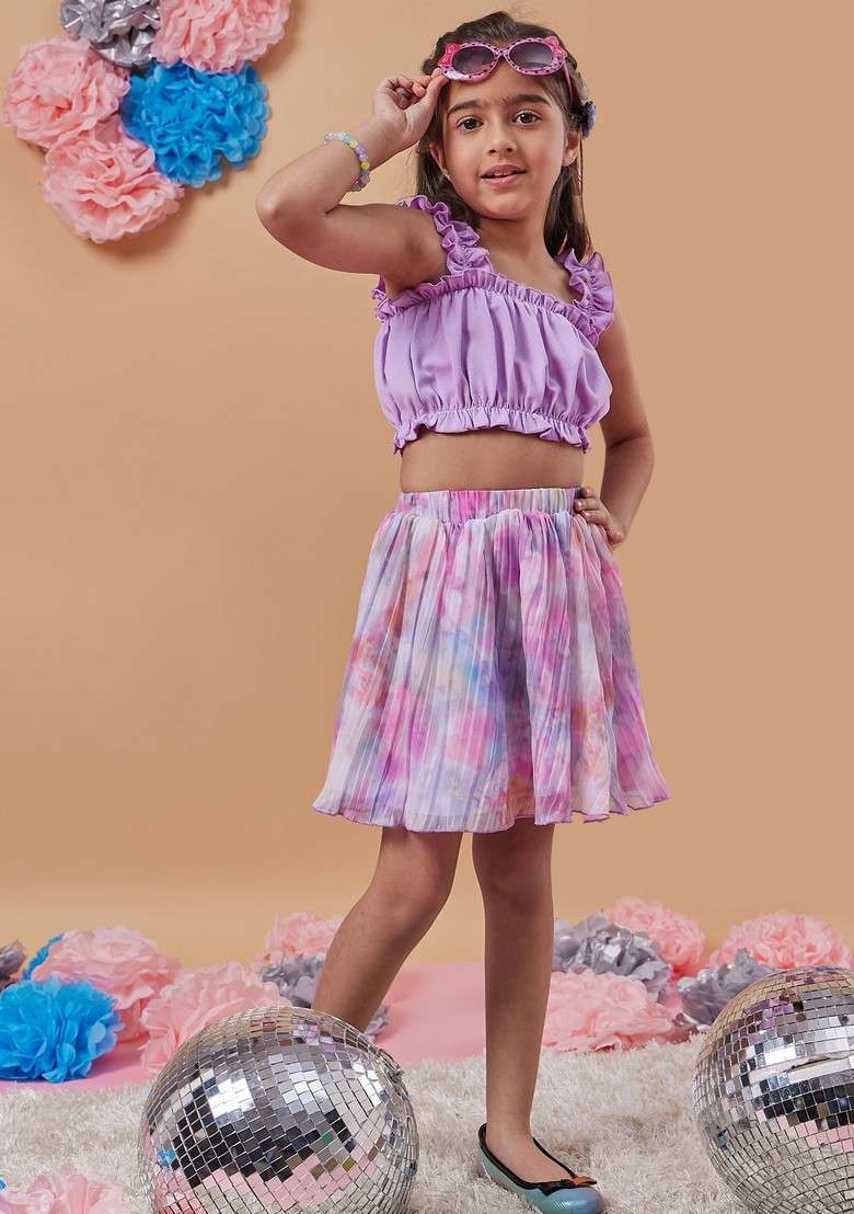 Purple Printed Georgette Skirt With Top (Set of 2) - Indya