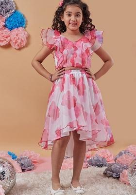 White Printed Organza Top With Skirt (Set of 2)