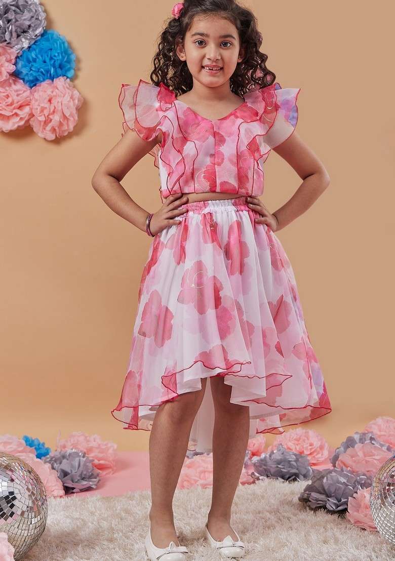 White Printed Organza Top With Skirt (Set of 2) - Indya