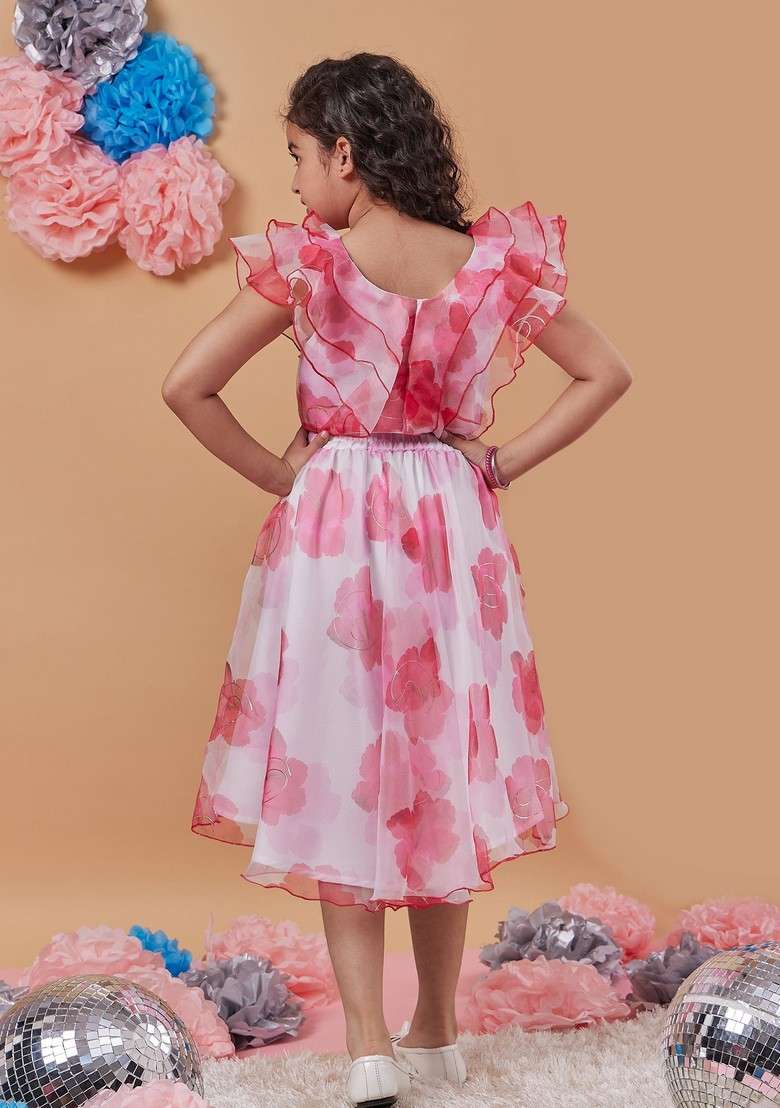 White Printed Organza Top With Skirt (Set of 2) - Indya