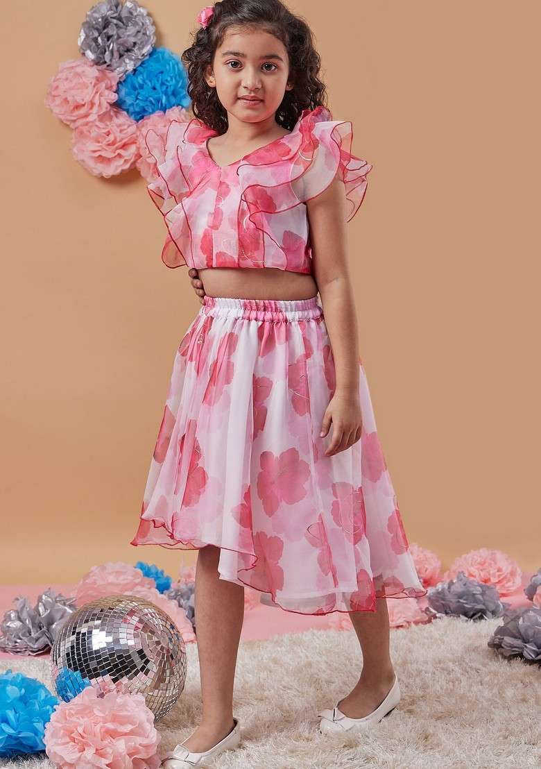 White Printed Organza Top With Skirt (Set of 2) - Indya