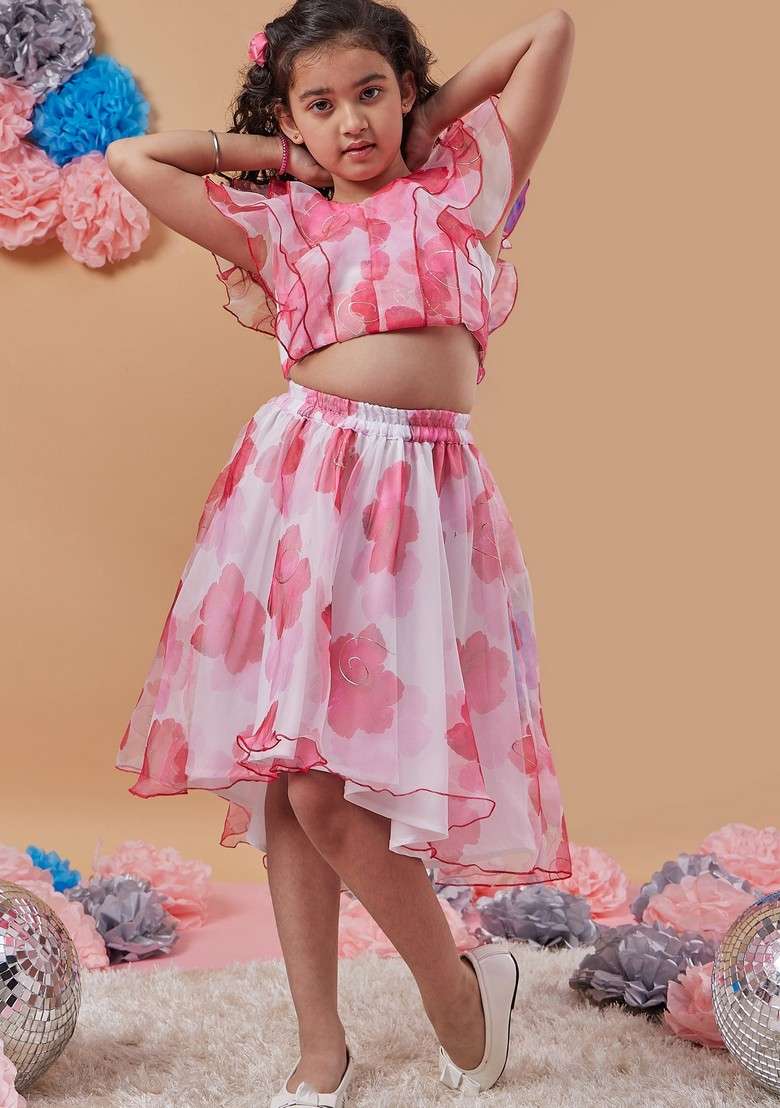 White Printed Organza Top With Skirt (Set of 2) - Indya